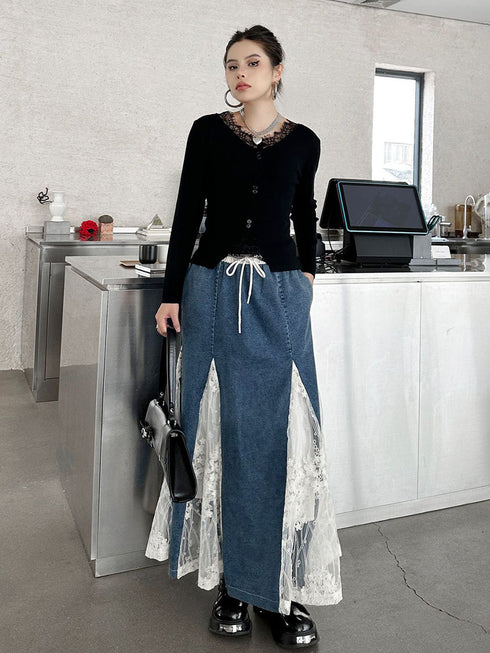 Cross Border Lace Denim Skirt